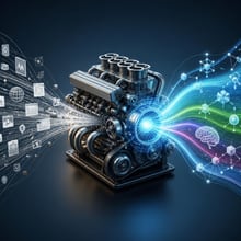 An abstract image of glowing gears and circuits, representing the engines of change in AI search technology.