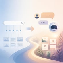 A classic keyword search bar transforms into a modern, conversational chat interface, showing the evolution of search.
