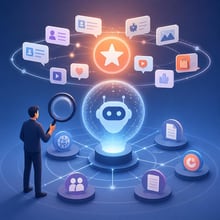 A magnifying glass focuses on brand logos floating around a search bar on a screen, symbolizing AI search analysis.