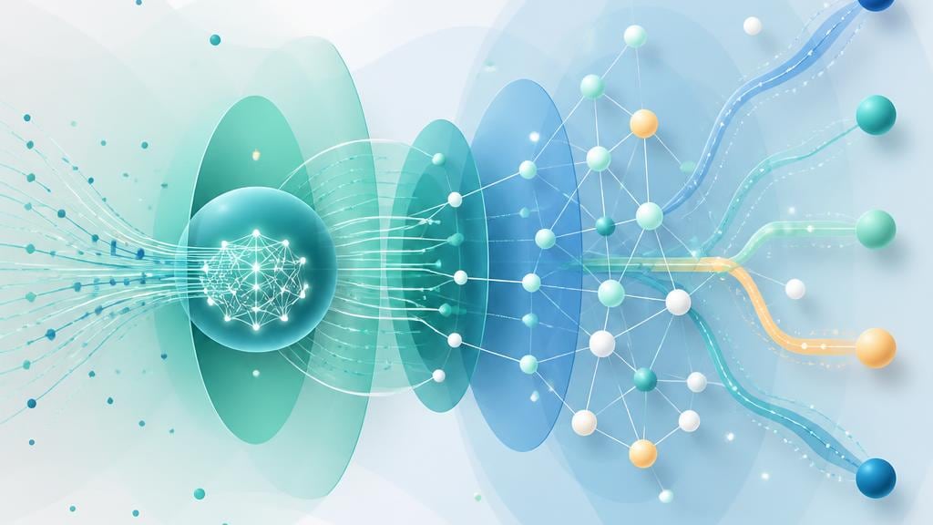 Abstract infographic of AI search technology layers and entity signals.
