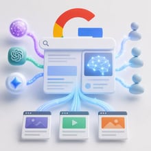Infographic showing the evolution of web search from keyword queries to conversational, AI-powered discovery.