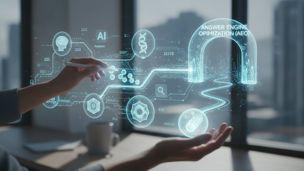 A person navigates a complex ecosystem of Google AI tools, symbolizing a strategy for Answer Engine Optimization (AEO).