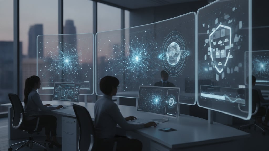 Abstract visualization of data processing and brand monitoring across digital platforms.