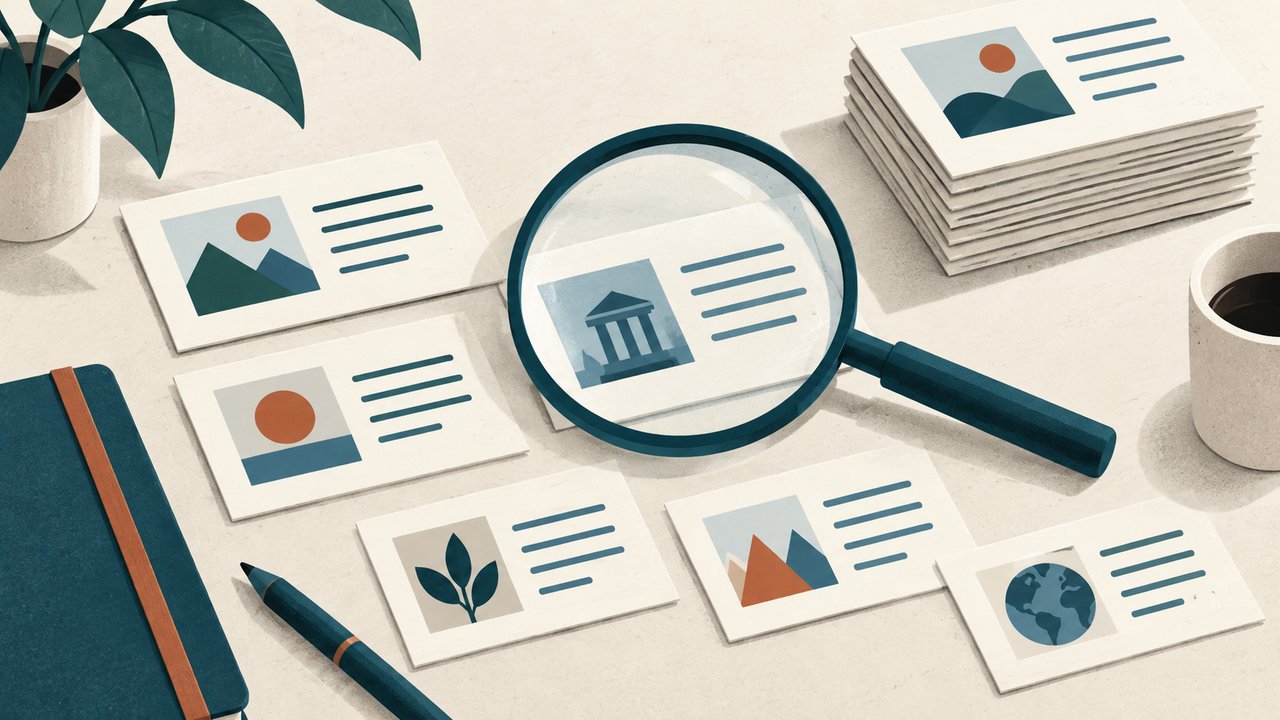 An illustrated magnifying glass over organized reference cards, representing source review.