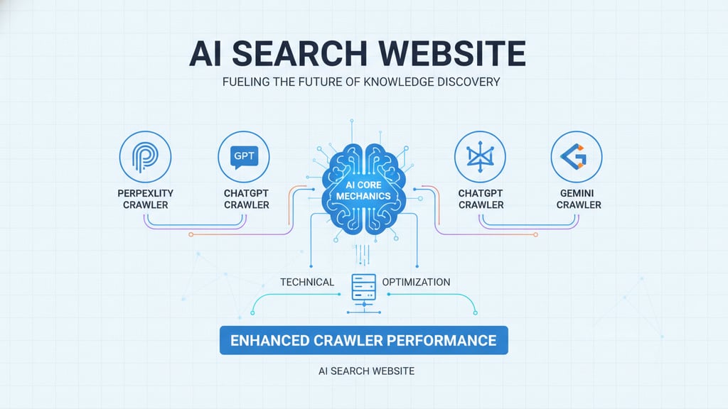 Diagram showing website core mechanics and structuring optimized for AI search crawlers.